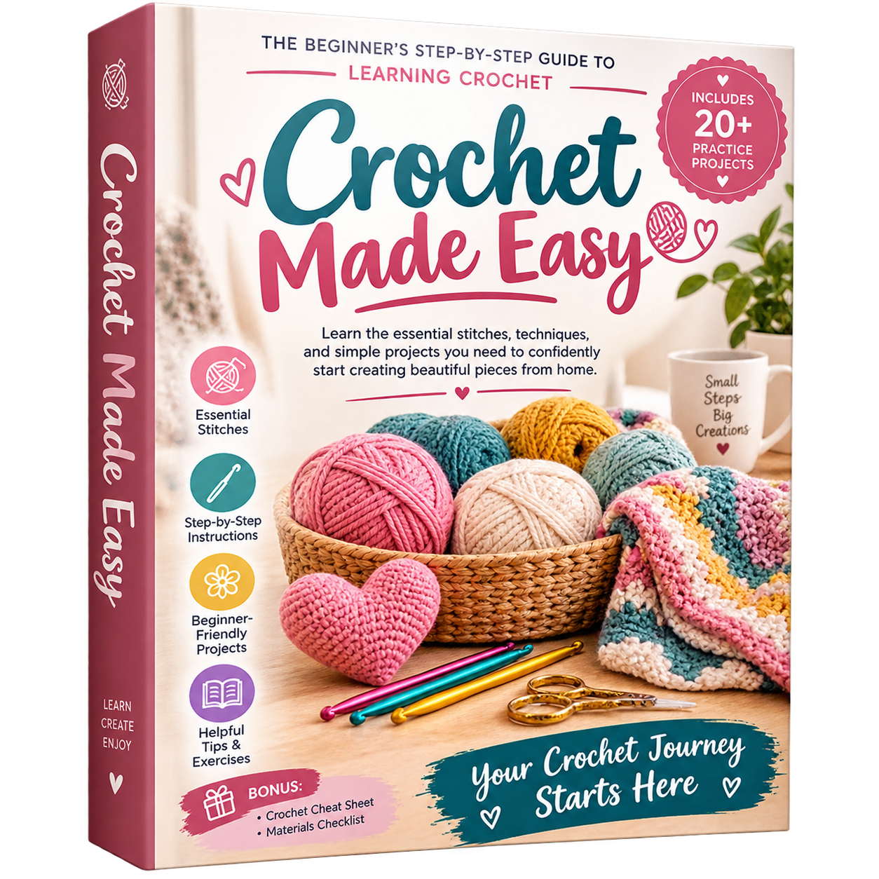 Crochet Made Easy ebook cover showing yarn balls, hooks and a crocheted blanket
